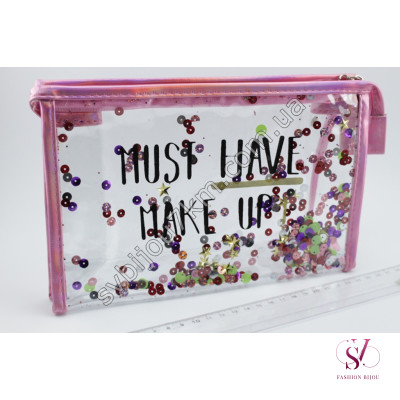 Косметичка жіноча Muste Have Make Up; розмір 24 ​​см * 20 см; матеріал - силікон; застібка - змійка; колір - прозорий із золотою окантовкою; декор - блискітки SVT 3601-3 Купити
